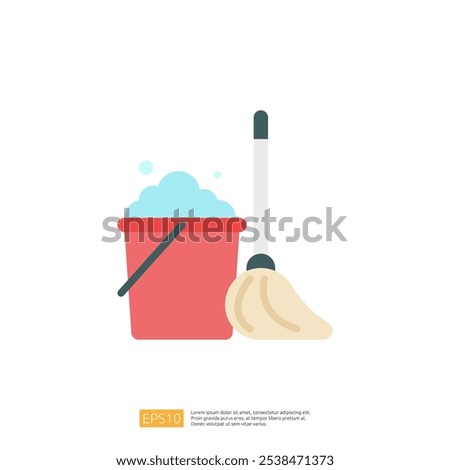 A red bucket filled with soapy water next to a mop, symbolizing cleaning and household chores.