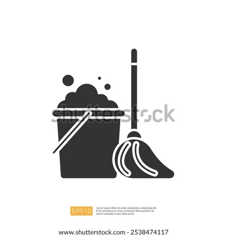 A simple graphic depicting a bucket filled with bubbles and a mop beside it, symbolizing cleaning and maintenance tasks.