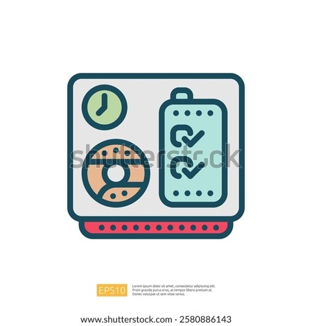 The image depicts a digital interface featuring a clock, a battery icon with checkmarks, and a circular gauge, suggesting monitoring or management of energy levels.