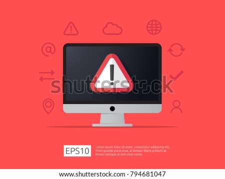 attention warning alert sign on computer screen with exclamation mark symbol. Security protection Concept icon vector illustration