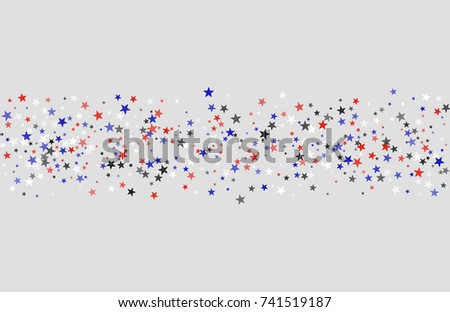 Abstract background in red, blue, white with confetti-stars. Celebratory graphic design for the Independence Day of the USA or the President's Day. Suitable for banner, poster, cover.