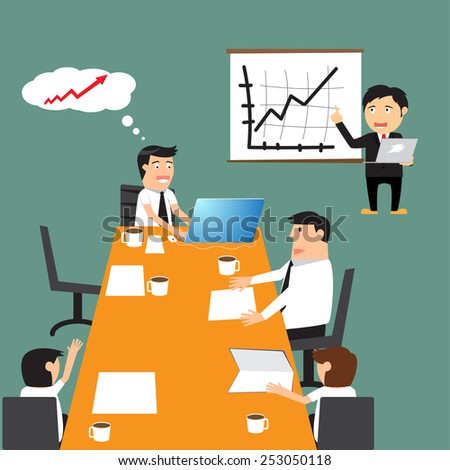 Business meeting, business partners and discussion of business decisions, business presentation. vector illustration.