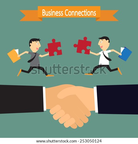 Business handshake and businessman connection partners, connecting puzzle elements concept. vector illustration.