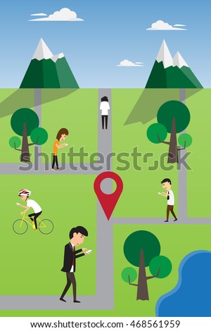 Man and woman play a mobile game using location on road search a monster. Vector Illustration.