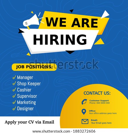 Job positions manager, shop keeper, cashier, supervisor, marketing for job vacancy design. We are hiring post feed on square design. Open recruitment design template. Social media find a job layout