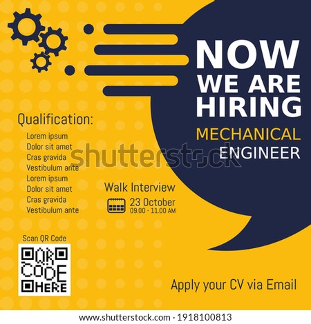 Job recruitment mechanical engineer design for companies. Square social media post layout. We are hiring banner, poster, background template