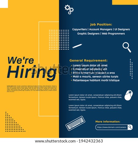 Creative announcement job vacancy social media post feed design. We are hiring template, banner, poster, flyer for companies. Many job position,copywriter,UI designer,web programmer,SEO analyst,etc