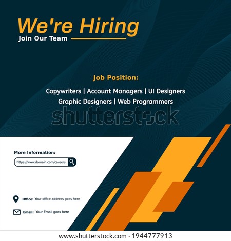 Creative announcement job vacancy social media post feed design. We are hiring template, banner, poster, flyer for companies. Many job position,copywriter,UI designer,web programmer,SEO analyst,etc