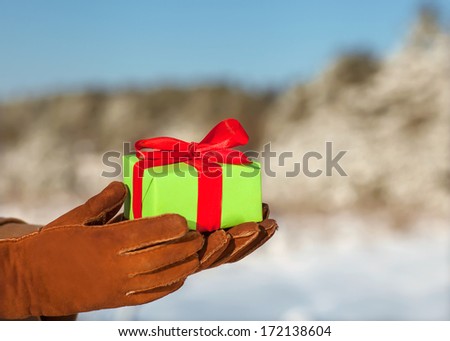 Gift in hand covered forest. Valentine\'s Day