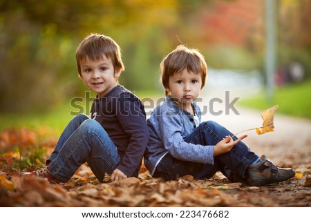 Adorable little boys with autumn leaves in the beauty park , sitting back to back, looking at the camera