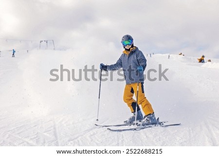 Similar – Image, Stock Photo happy child girl skiing in winter snowy forest