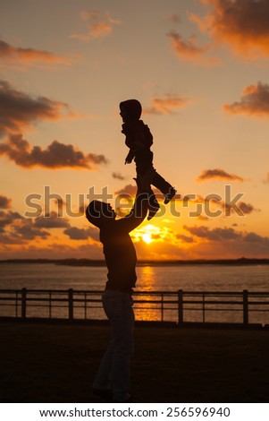 Father throwing his kid up in the air on the beach, silhouette shot on sunset