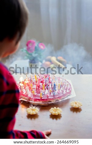 Adorable cute boy, blowing candles on a birthday cake at home