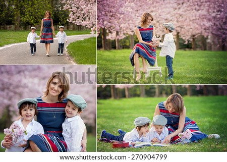 Collage of pictures with Mothers day concept. Beautiful portrait of mother and her two children in a cherry blossom tree garden, waking an alley, holding hands, reading a book, looking happy at camera