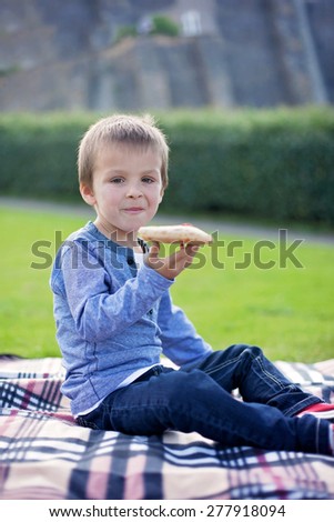 Cute boy, eating pizza in the afternoon, sitting on a picnic blanket in a garden