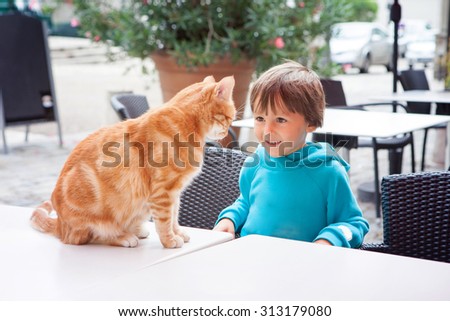 Happy little boy, child, playing with lovely little domestic royal cat outdoors