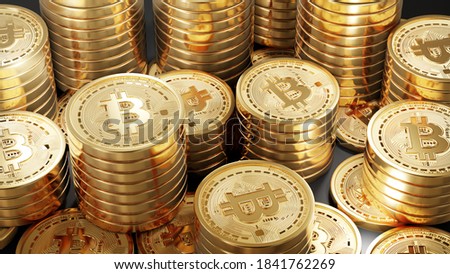 A Lot Of Bitcoin Crypto currency Gold Bitcoin BTC Bit Coin. Close up shot of Bitcoin coins isolated on black background Blockchain technology, bitcoin mining concept. 3d rendering