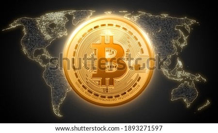 Golden bitcoin digital currency on world map, futuristic digital money, technology worldwide network concept 3D rendering