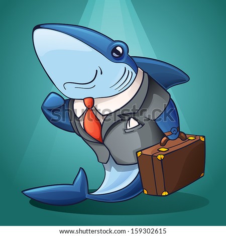 successful business shark painted in the style of cartoon