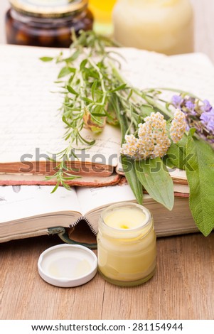 traditional medicinal plants, books and medical creams