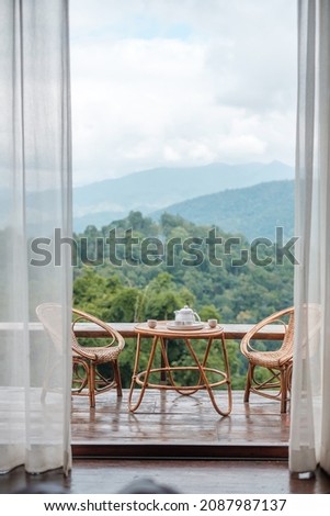 Image, Stock Photo View from the door of a chapel to the mountain world