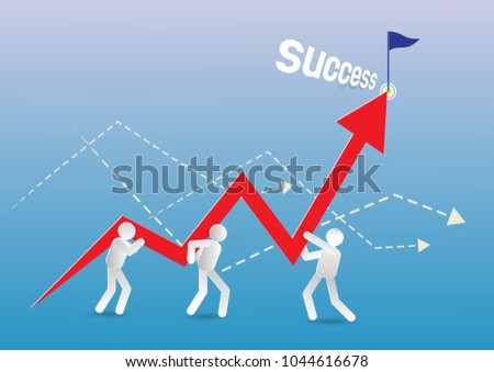 three man setup arrow to success point with blue abstract background,vector illustration. The concept of business.digital craft.paper art and craft