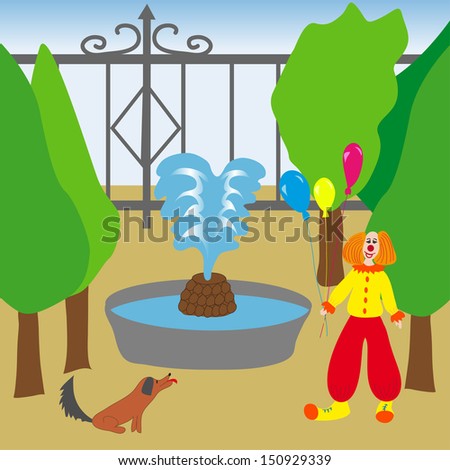 Illustration of clown near fountain in park