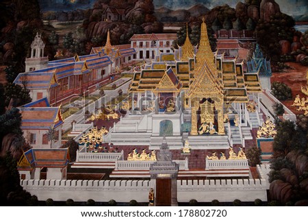 BANGKOK, THAILAND - JANUARY 31, 2014:Vintahe old Scene Paint on a Temple wall at Grand Palace on Bangkok, Thailand