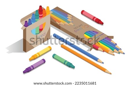 Set of crayons and pencils outside their boxes. Vector