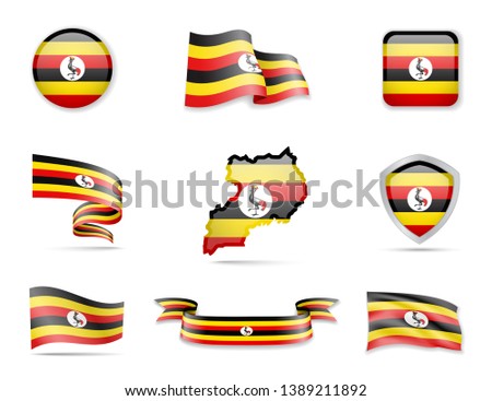 Uganda flags collection. Flags and outline of the country vector illustration set