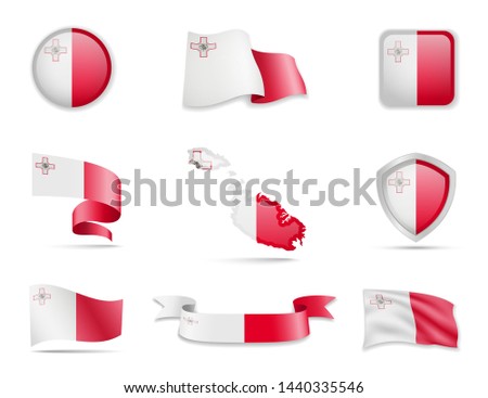 Malta flags collection. Flags and outline of the country vector illustration set