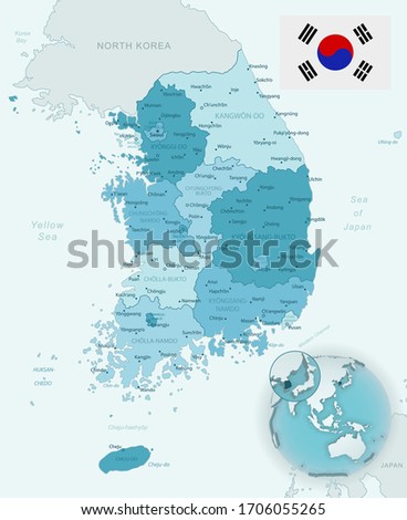 Blue-green detailed map of South Korea and administrative divisions with country flag and location on the globe. Vector illustration