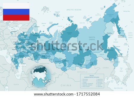 Blue-green detailed map of Russia administrative divisions with country flag and location on the globe. Vector illustration