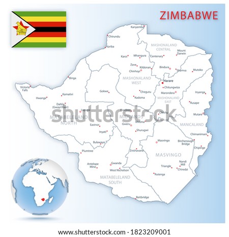 Detailed Zimbabwe administrative map with country flag and location on a blue globe. Vector illustration