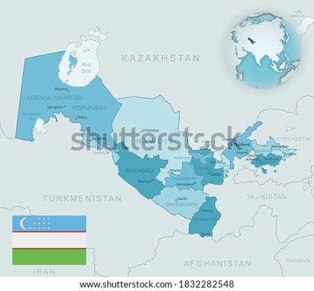 Blue-green detailed map of Uzbekistan administrative divisions with country flag and location on the globe. Vector illustration