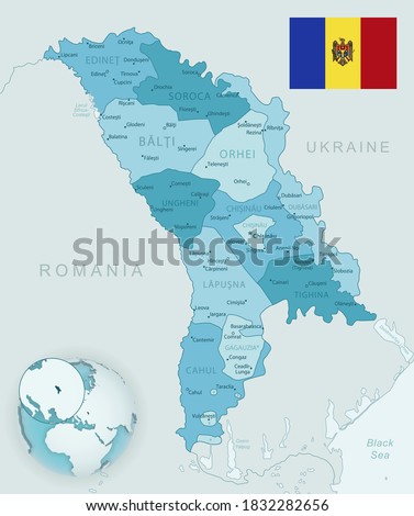 Blue-green detailed map of Moldova administrative divisions with country flag and location on the globe. Vector illustration