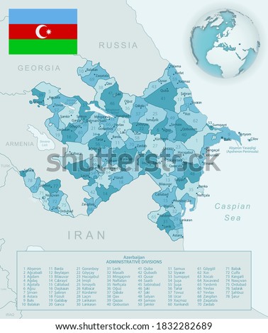 Blue-green detailed map of Azerbaijan administrative divisions with country flag and location on the globe. Vector illustration
