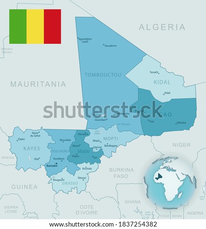 Blue-green detailed map of Mali administrative divisions with country flag and location on the globe. Vector illustration