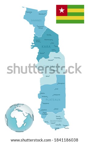 Togo administrative blue-green map with country flag and location on a globe. Vector illustration