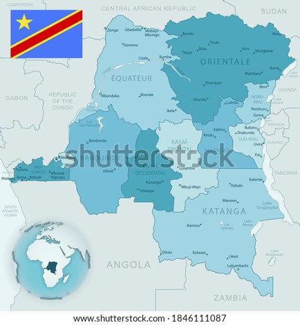 Blue-green detailed map of Democratic Republic of the Congo administrative divisions with country flag and location on the globe. Vector illustration