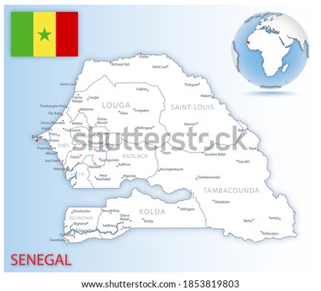 Detailed Senegal administrative map with country flag and location on a blue globe. Vector illustration