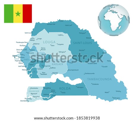 Senegal administrative blue-green map with country flag and location on a globe. Vector illustration