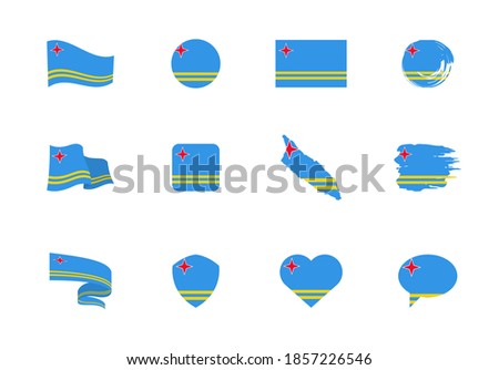 Flags of Aruba - flat collection. Flags of different shaped twelve flat icons. Vector illustration set