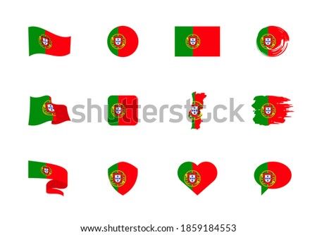 Portugal flag - flat collection. Flags of different shaped twelve flat icons. Vector illustration set