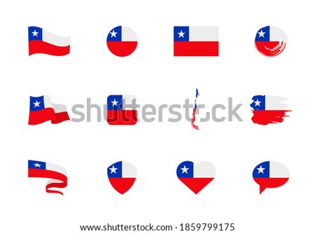 Chile flag - flat collection. Flags of different shaped twelve flat icons. Vector illustration set