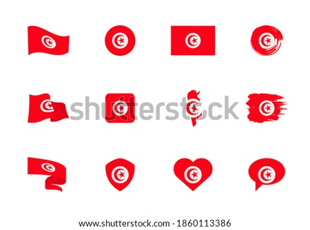 Tunisia flag - flat collection. Flags of different shaped twelve flat icons. Vector illustration set
