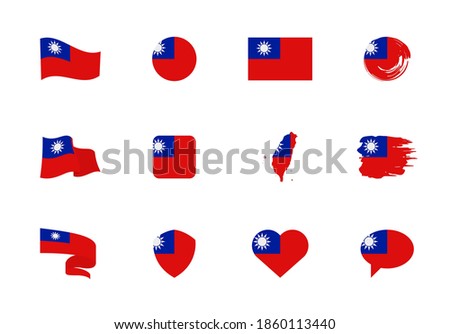 Taiwan flag - flat collection. Flags of different shaped twelve flat icons. Vector illustration set