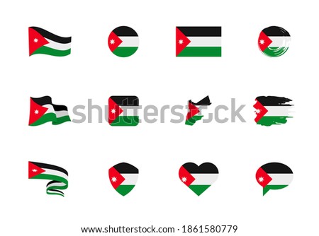 Jordan flag - flat collection. Flags of different shaped twelve flat icons. Vector illustration set