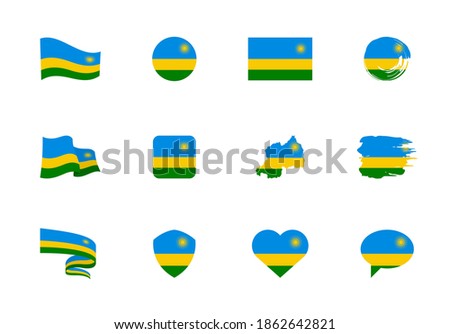 Rwanda flag - flat collection. Flags of different shaped twelve flat icons. Vector illustration set