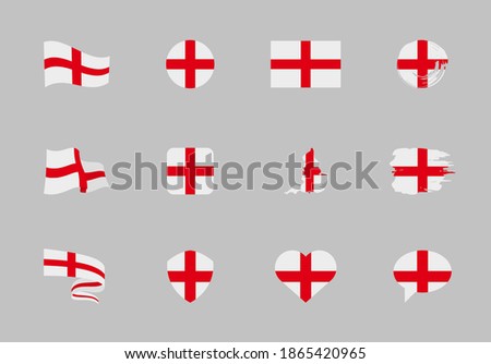 England flag - flat collection. Flags of different shaped twelve flat icons. Vector illustration set